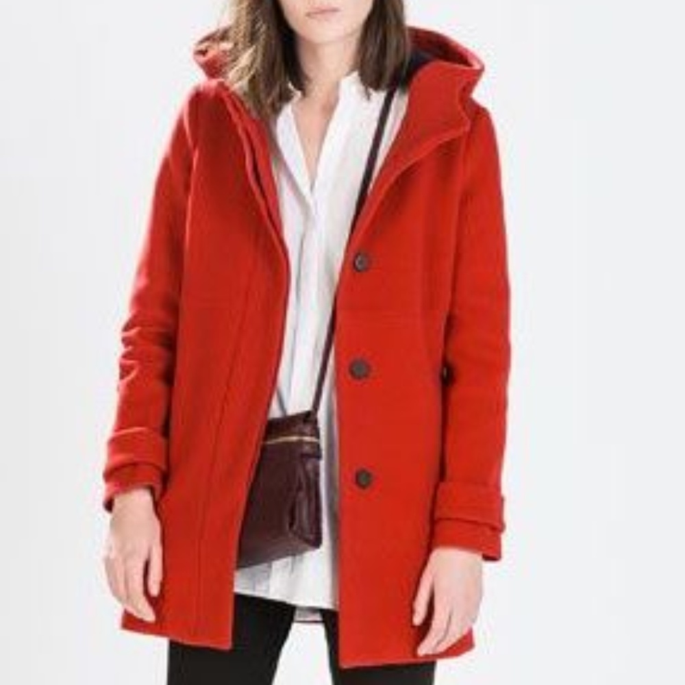 ZARA Basic Red Wool Duffle Hooded Coat_size XS